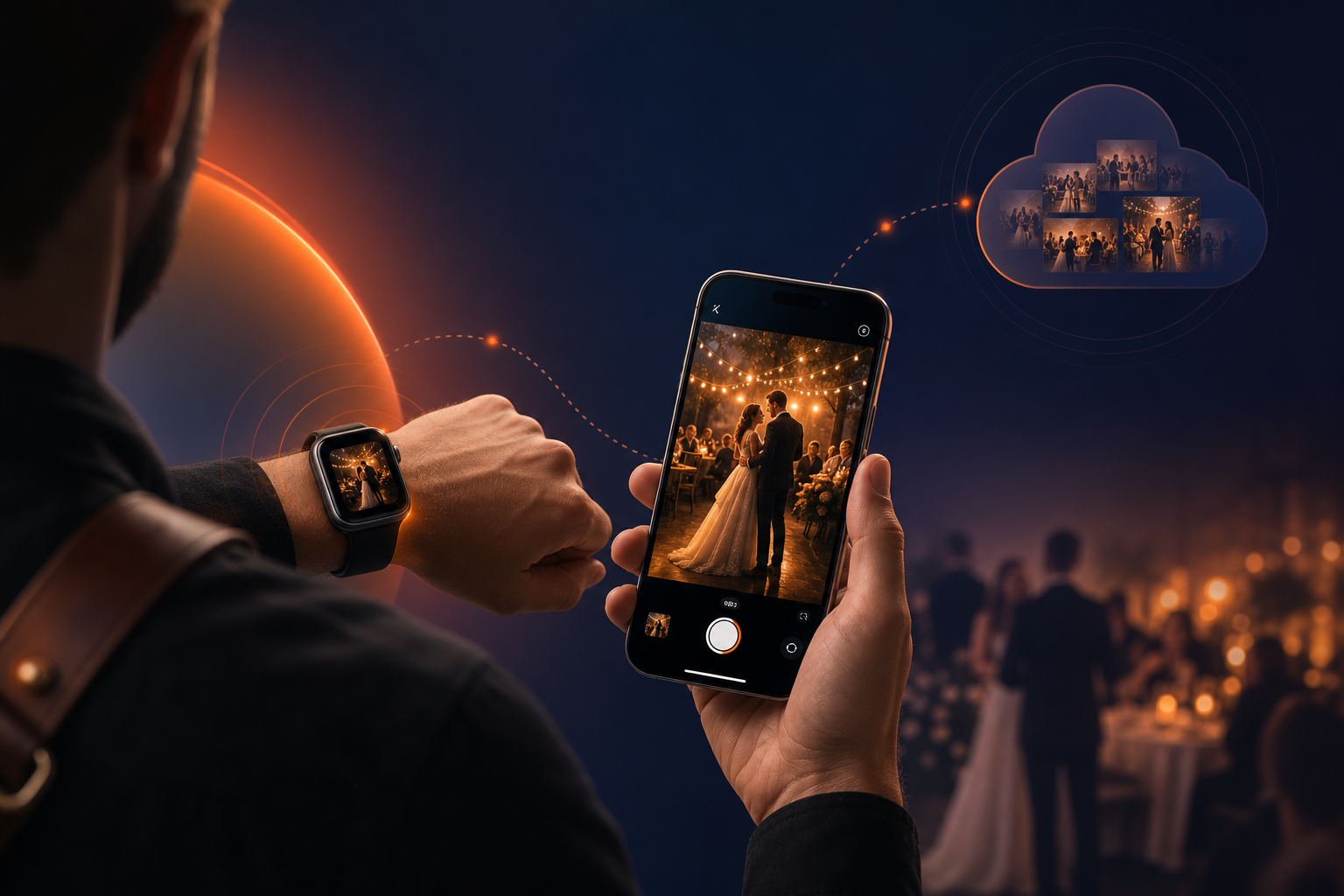Photographer using Apple Watch to trigger iPhone camera at a live event