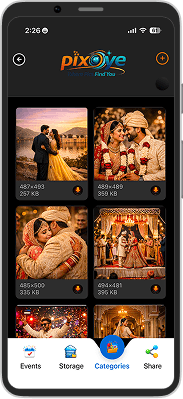 Pixoye mobile app with photo gallery on a smartphone